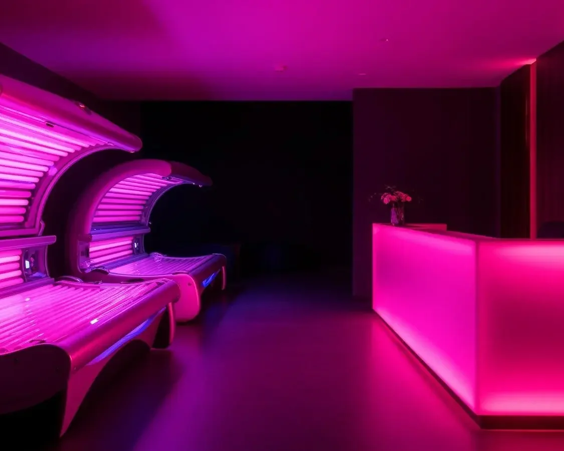 The salon floor at Sun City Tanning: two open tanning beds and the glowing pink front desk