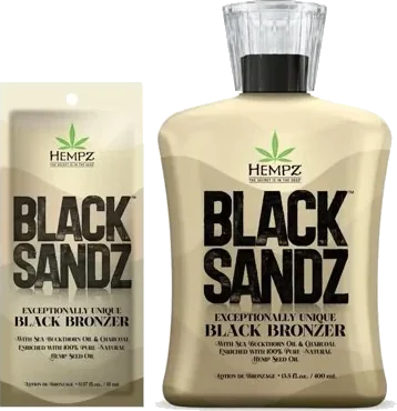 Black Sandz black bronzer by Hempz, packet and bottle